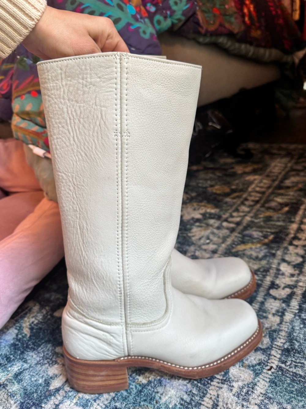 Vintage Frye White Pebbled Leather Mid-Calf Campus Heeled Boots | Made in USA 🇺🇸 - Picture 2 of 15